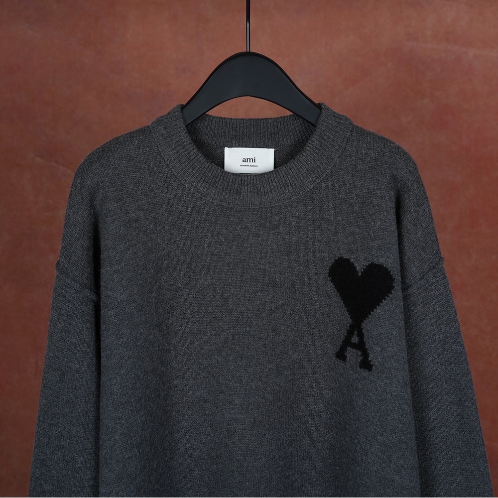 Ami Charcoal Crewneck Sweater with Black Heart A Motif